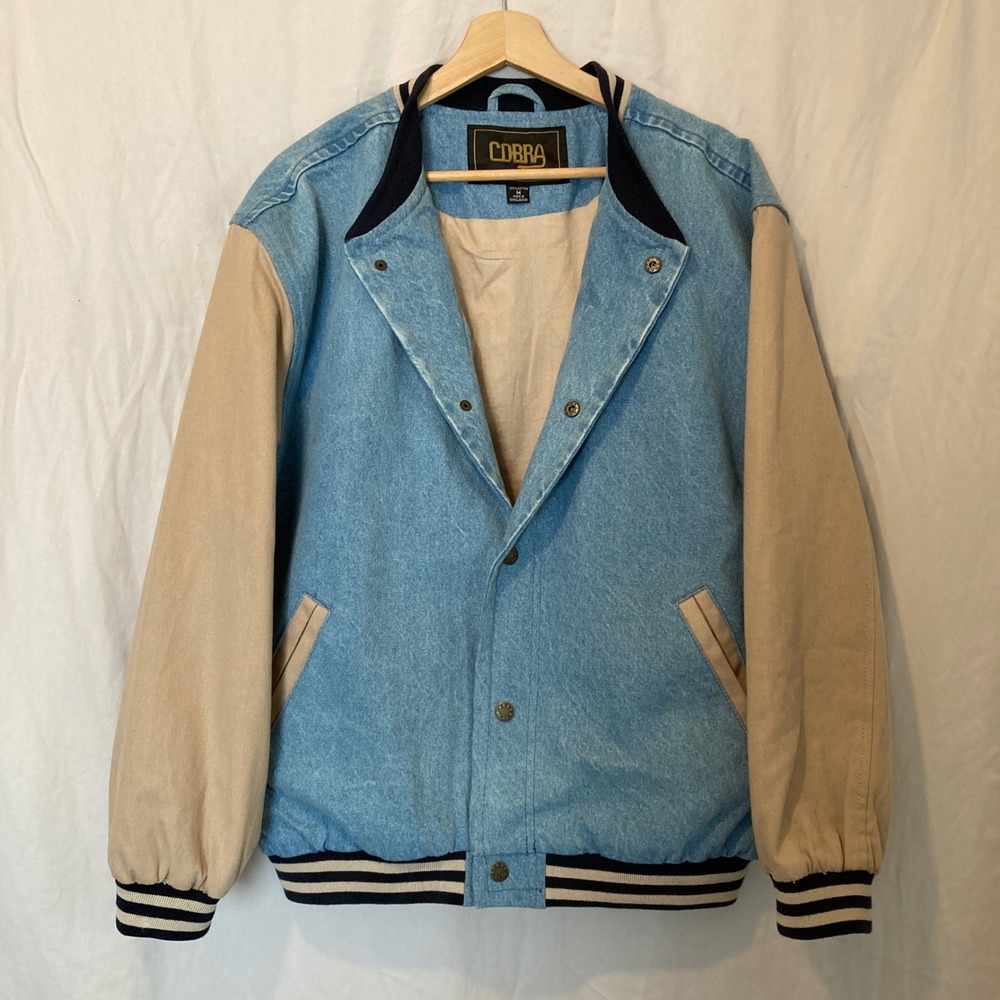 Vintage Cobra Denim Varsity Jacket Mens Medium Blue Tan 90s Bomber Letterman